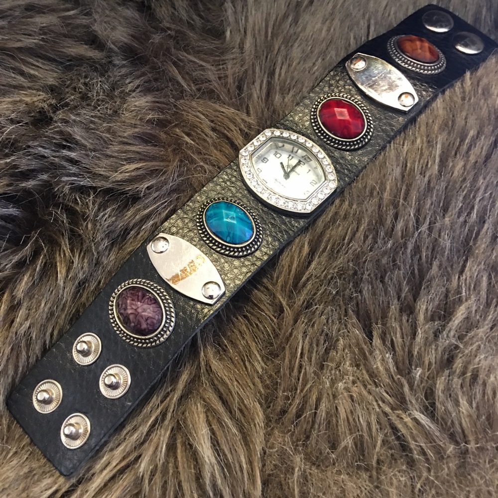 Ladies Geneva colorful gem leather band watch - Picture 6 of 10